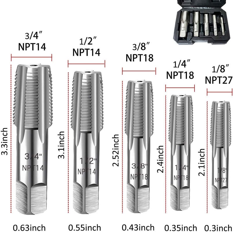 SQLMLZ 5-Piece NPT Pipe Tap Set,Sizes Includes 1/8", 1/4", 3/8", 1/2" and 3/4"，Pipe Taps Set with Storage Box,for Cleaning,Re-thread Damaged,Jam Pipe Threads,thread tap - Image 2